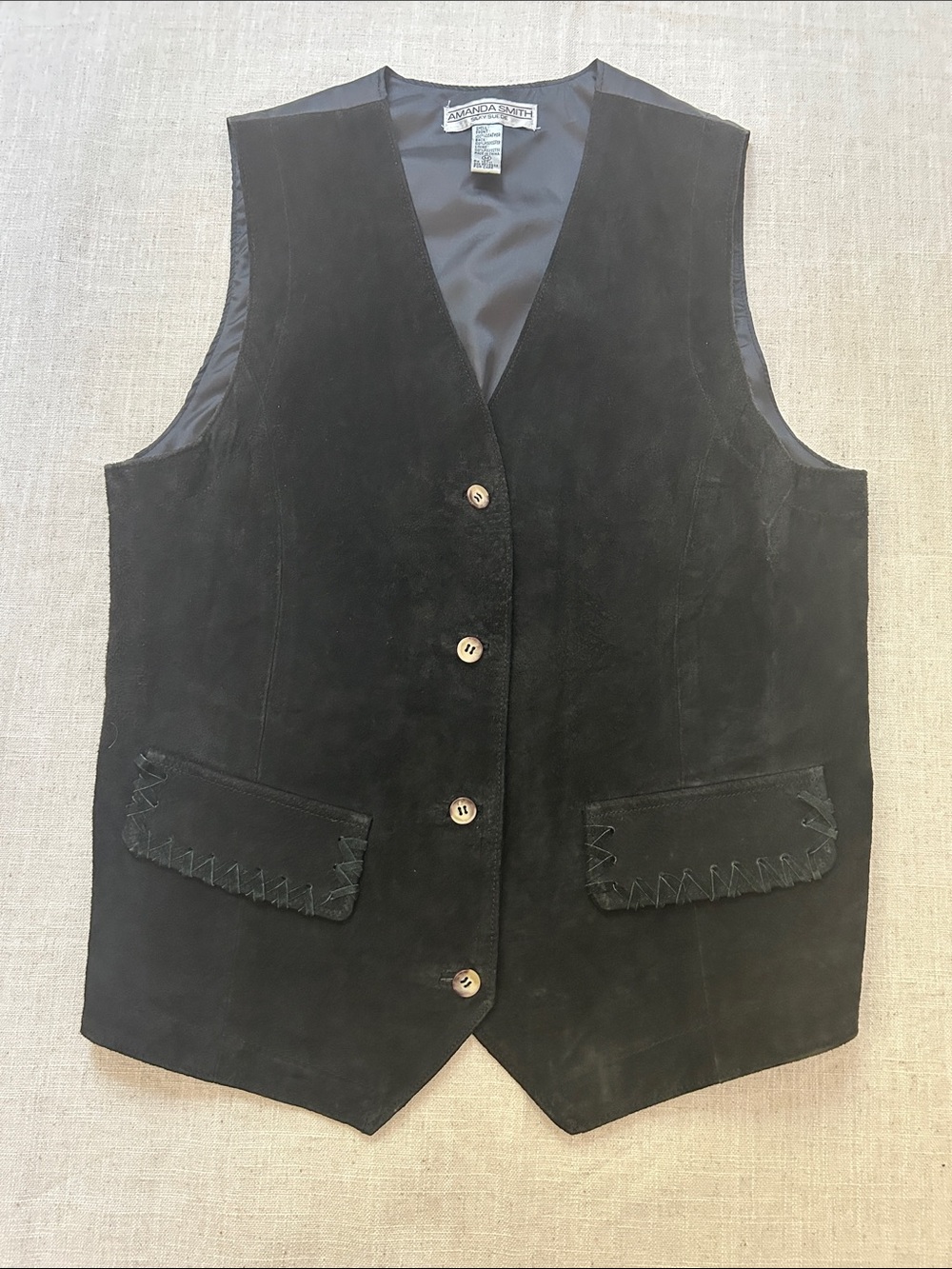 Amanda Smith Black Suede Vest Button Front Vintage Western Festival Cowgirl